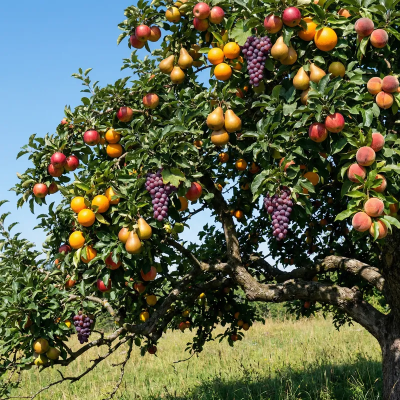 Diverse Fruit Tree: Apple, Pear, Orange, Grapes, Peaches