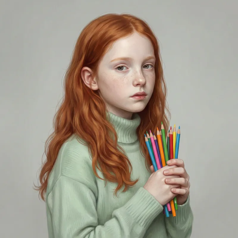 Detailed Digital Portrait of Young Girl with Red Hair and Freckled Skin
