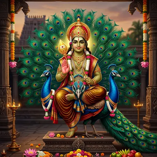 Lord Subramanya: Divine Spear-Wielding Deity on Vibrant Peacock