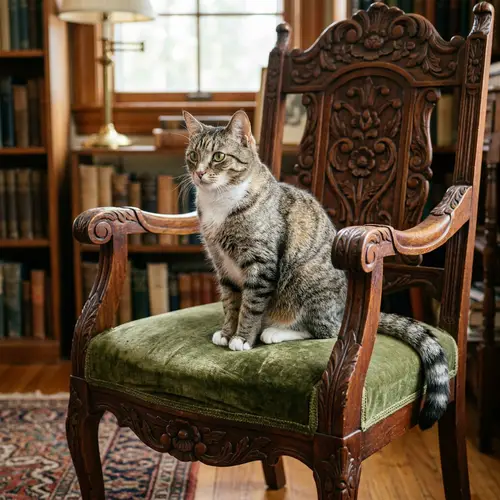 Graceful Tabby Cat Sitting on Antique Wooden Chair