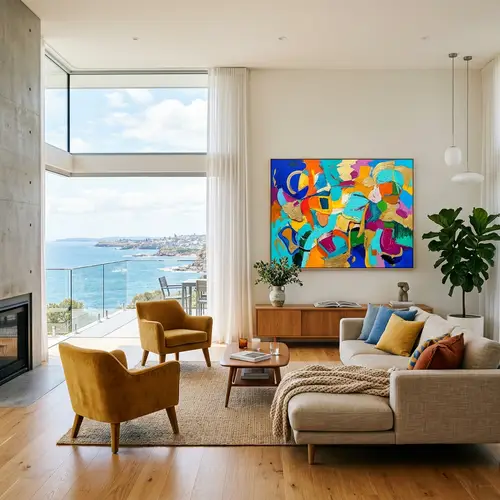 Modern Room with Ocean View & Colorful Art