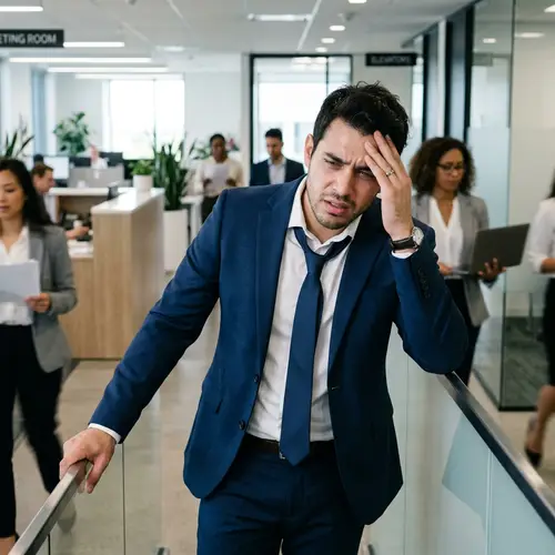 Stressed Hispanic Man in Blue Suit | Image Description