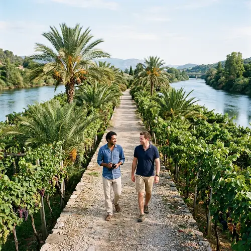 Men Walking Through Lush Gardens with Rivers
