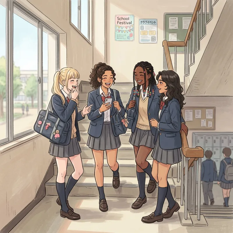 Japanese High School Girls Chattering in Stairwell | Youthful Relaxation & Candid Moments