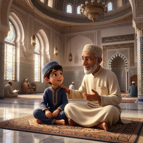 3D Pixar Cartoon: Muslim Boy & Grandfather in a Mosque