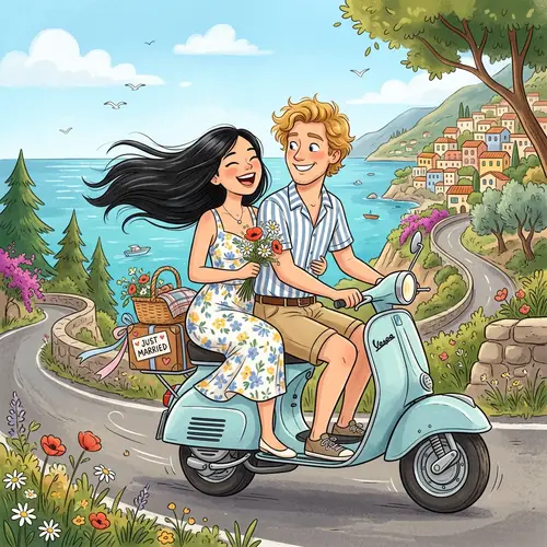 Cartoon Couple Riding Vespa in Love | Long Black Hair & Blond Hair