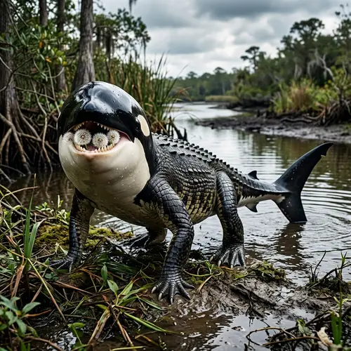 Surreal Creature with Orca, Crocodile, Shark, and Dandelion Teeth