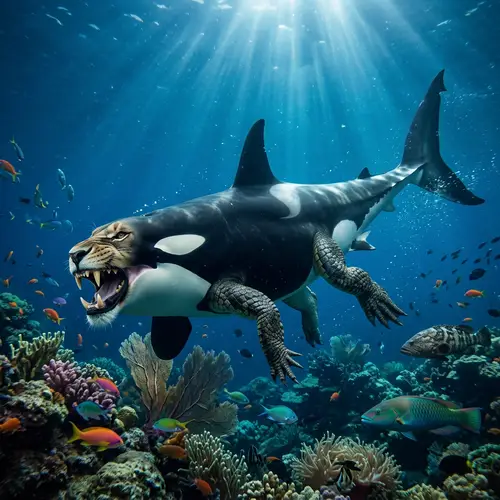 Hybrid Creature: Orca with Crocodile Legs, Lioness Teeth, Shark Tail