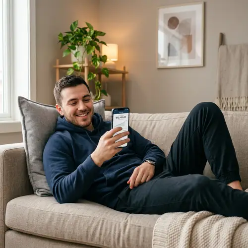 Relaxed Savings Check: Young Man on Couch