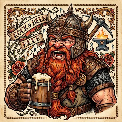 Gimli from Lord of the Rings. Just the head, laughing. Traditional tattoo style. Comic-like. 