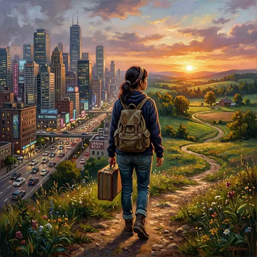 Woman Bidding Farewell to Urban Life in Oil Painting