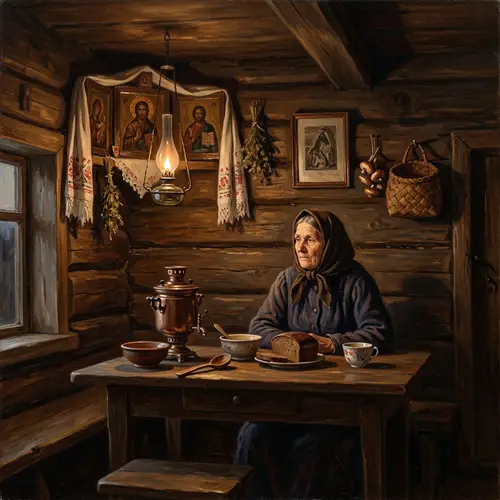 Traditional Russian Izba Interior Oil Painting