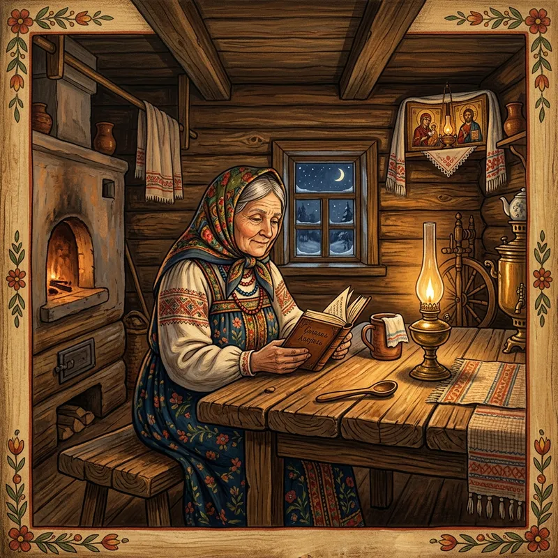Russian Folk Art: Evening Scene in Traditional Izba