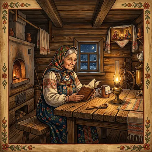 19th-Century Russian Folk Art: Late Evening Scene in Traditional Izba