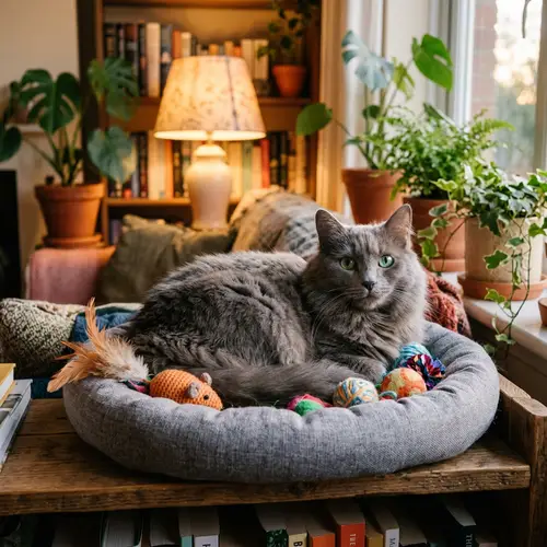 Silvery Blue Fluffy Cat Basking in Evening Light