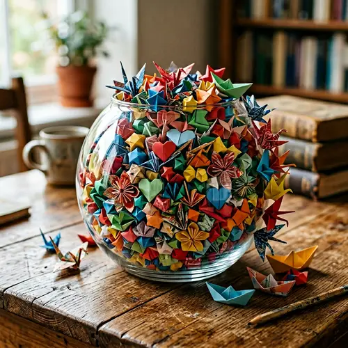 Multicolored Origami Papers in Transparent Fishbowl