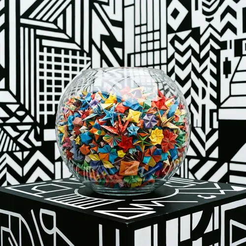 Origami Fish Bowl with Colorful Paper Pieces in Monochrome Setting
