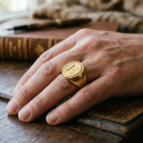 Gold Signet Ring with Letter E in Circle