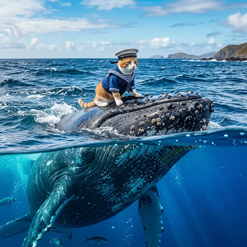 Sailor Cat and Whale: Underwater Adventure in Vibrant Colors