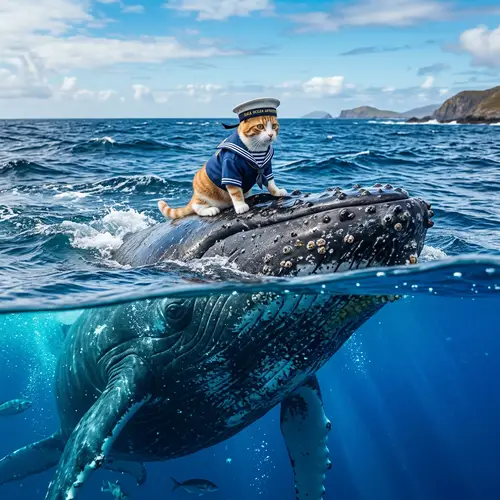 Sailor Cat Riding Whale | Ocean Adventure in Vibrant Colors