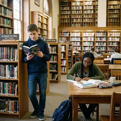 Teenage Boy and Girl Engrossed in Library | Science Fiction & History Books