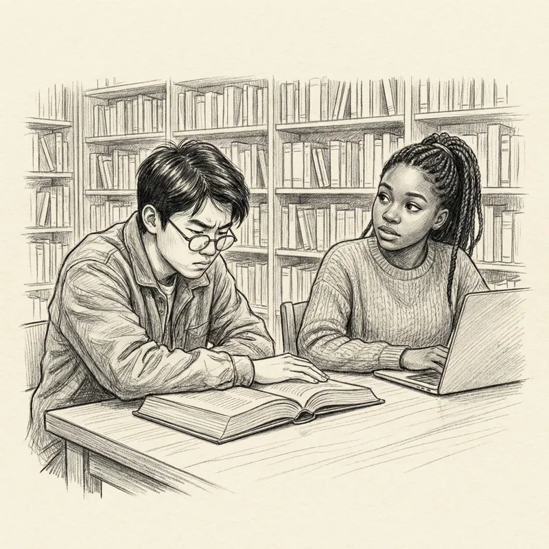 Serene Library Atmosphere: East Asian Teen Boy and Black Teen Girl Studying Serene Library Atmosphere: East Asian Teen Boy and Black Teen Girl Studying