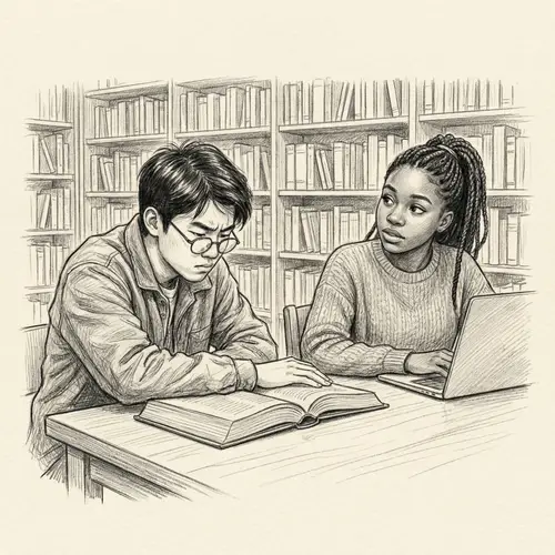 Serene Library Atmosphere: Teenage Boy & Girl Studying | Library Sketch