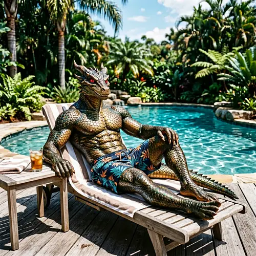 Muscular Male Kobold Demi-Human in Swimming Shorts by Pool