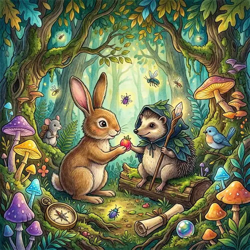 Enchanting Rabbit and Hedgehog Interaction in Magical Forest