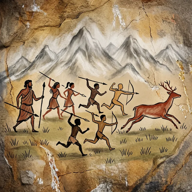 Academic Collaboration: Professor and Students Hunting Deer in Cave Painting Academic Collaboration: Professor and Students Hunting Deer in Cave Painting