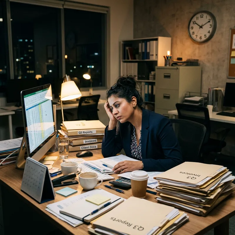 Tired Female Secretary in Evening Office Scene