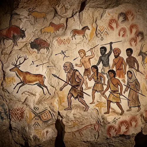Ancient Cave Painting of Hunter and Diverse Group Hunting Deer