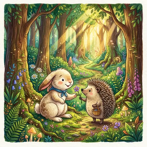 Enchanting Forest with Rabbit and Hedgehog - Magical Scene