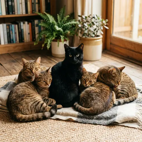 Stunning Group of Felines: Dark Black Fur Among Warm Brown Companions