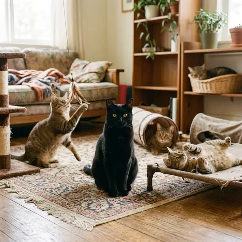 Group of Playful Cats: Dignified Black Cat & Adorable Brown Cats