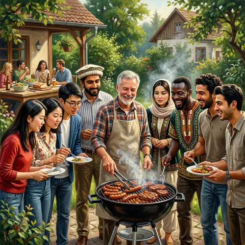 Diverse BBQ Gathering: Global Students Join German Professor