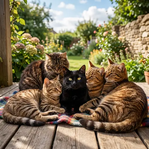 Black Cat Surrounded by Four Distinct Brown Cats - Warm and Familiar Scene