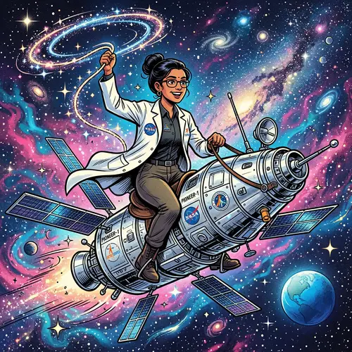 Female Researcher Rides Satellite in Space - Comic Style Fun