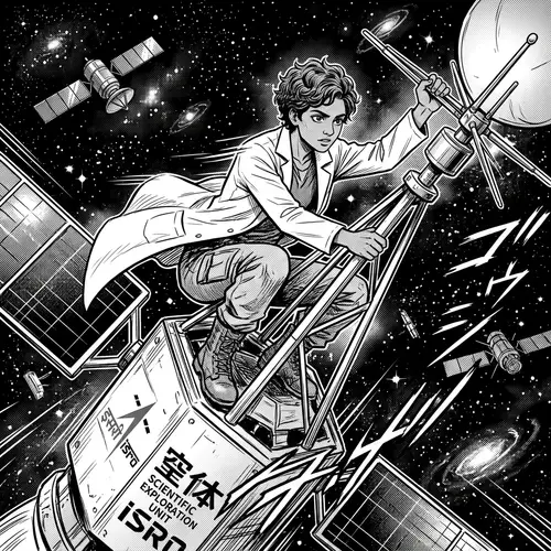 South Asian Researcher Riding Satellite in Space, Manga Style