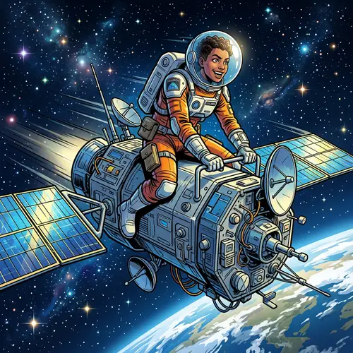 Comic-Style Researcher Riding Satellite in Space