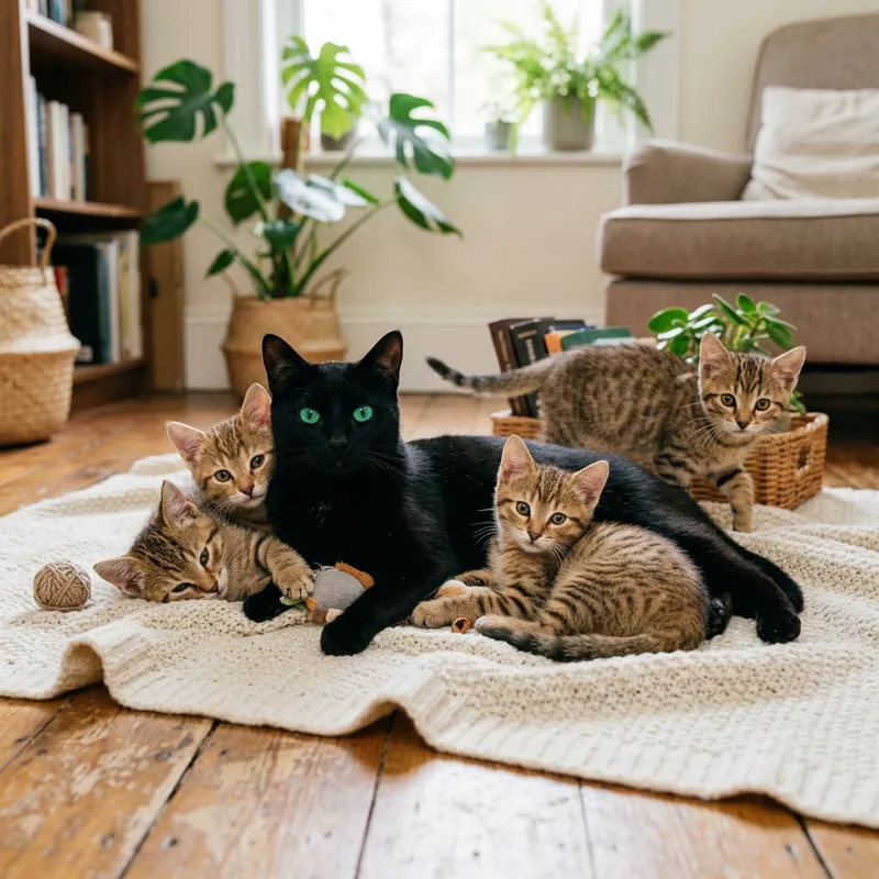 Cute Cat Family: Black Cat and Four Brown Stripey Kittens Cute Cat Family: Black Cat and Four Brown Stripey Kittens