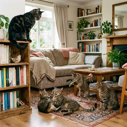 Playful Scene of Black and Brown Cats in a Cozy Living Room