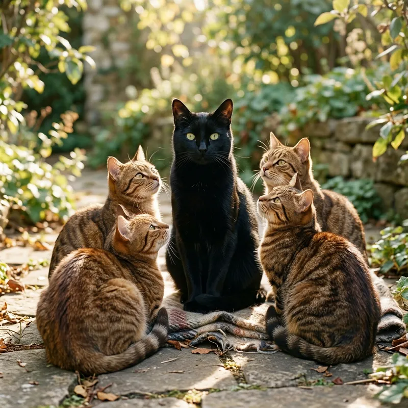 Majestic Black Cat with Four Brown Cats in Stripes