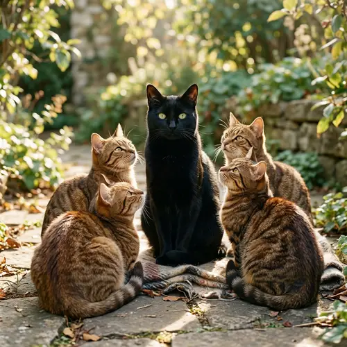 Majestic Black Cat Leading a Clan of Five Furred Felines