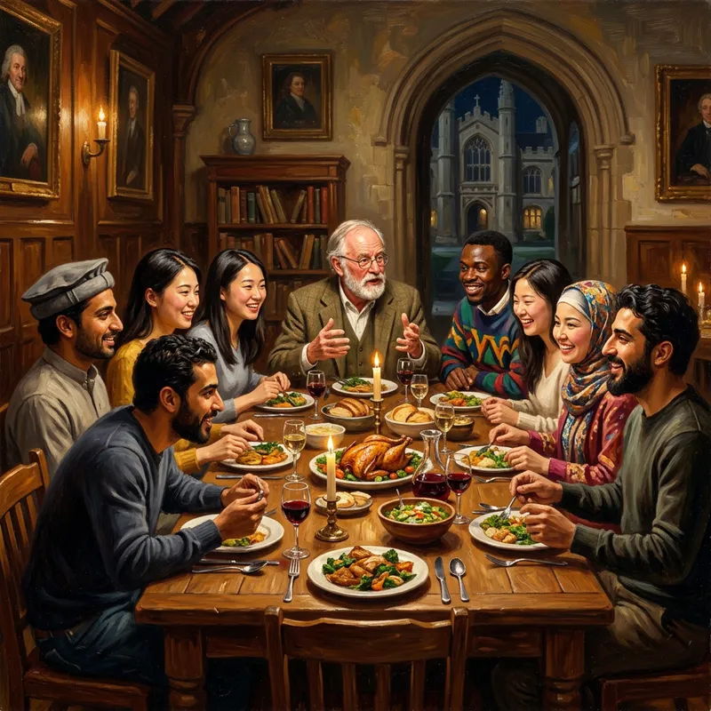 Global Academic Dinner Scene Oil Painting