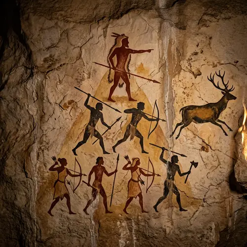 Ancient Cave Painting of Seasoned Hunter Leading Group of Hunters in Pursuit of Deer