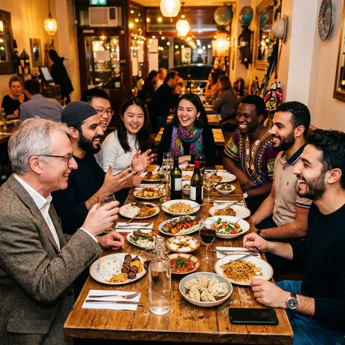 Diverse International Dinner Gathering with Students from Various Ethnic Backgrounds