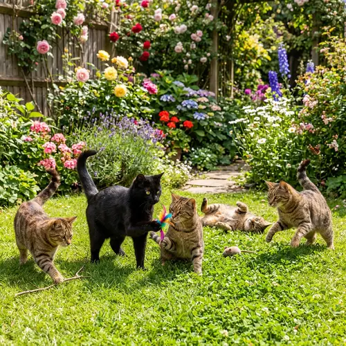 Black Cat Stands Out Among Four Brown Cats in Playful Garden Scene