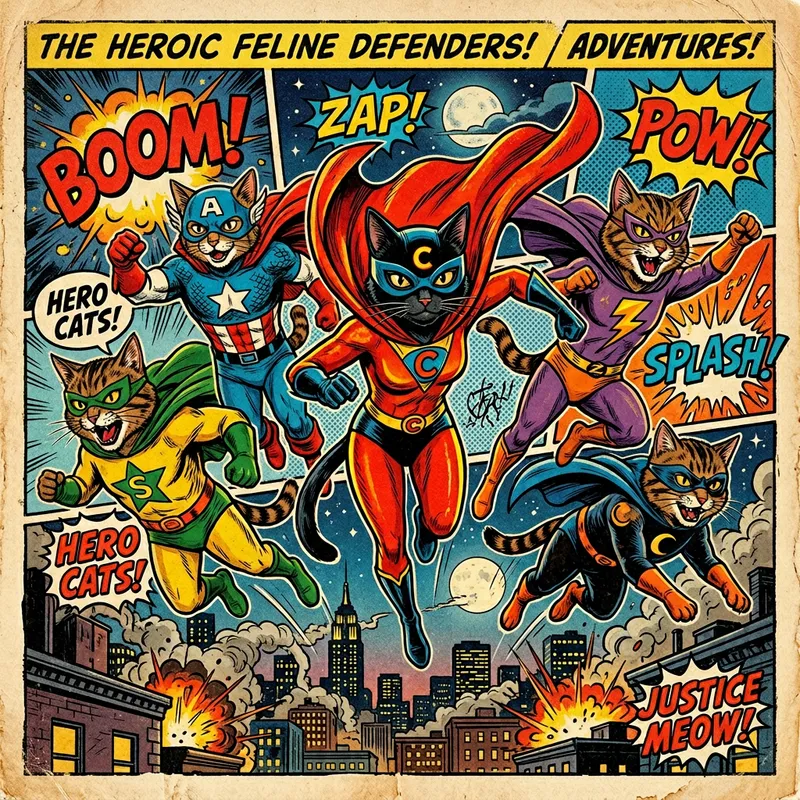 Marvelous Superhero Cats - Vintage Style Comics Marvelous Superhero Cats - Vintage Style Comics