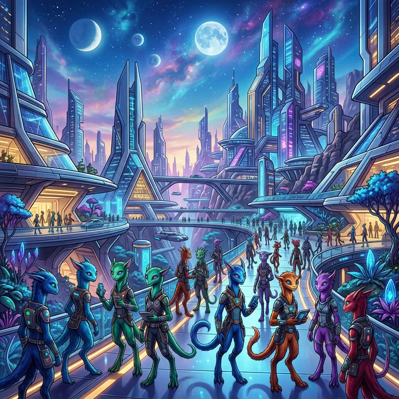 Alien Planet with Bipedal Species and Dual Moons